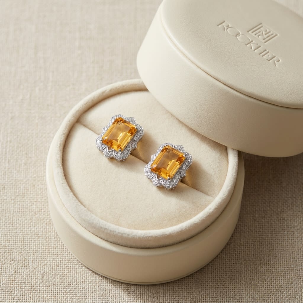 ต่างหูซิทริน ทรงมรกต ตัวเรือนทองคำขาว 14K จาก RockHer