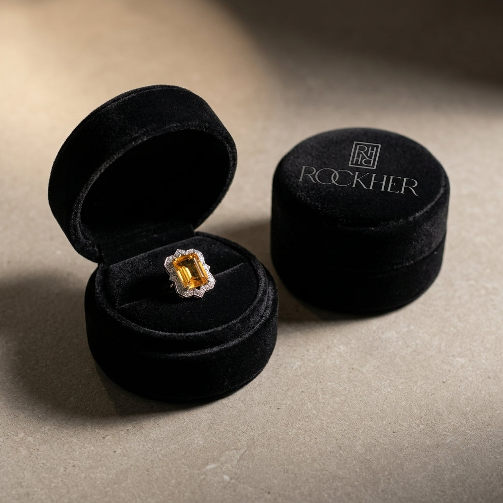 Citrine Emerald Cut & Diamond Earrings in 14K White Gold - presentation