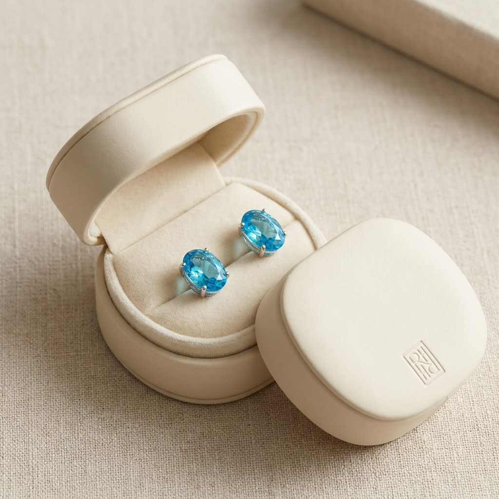 ต่างหูบลูโทแพซ ทรงรี ตัวเรือนทองคำขาว 14K จาก RockHer