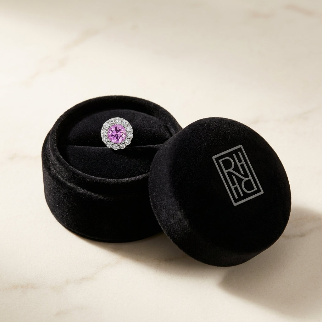 Pink Sapphire & Diamond Halo Earrings in 14K White Gold - presentation