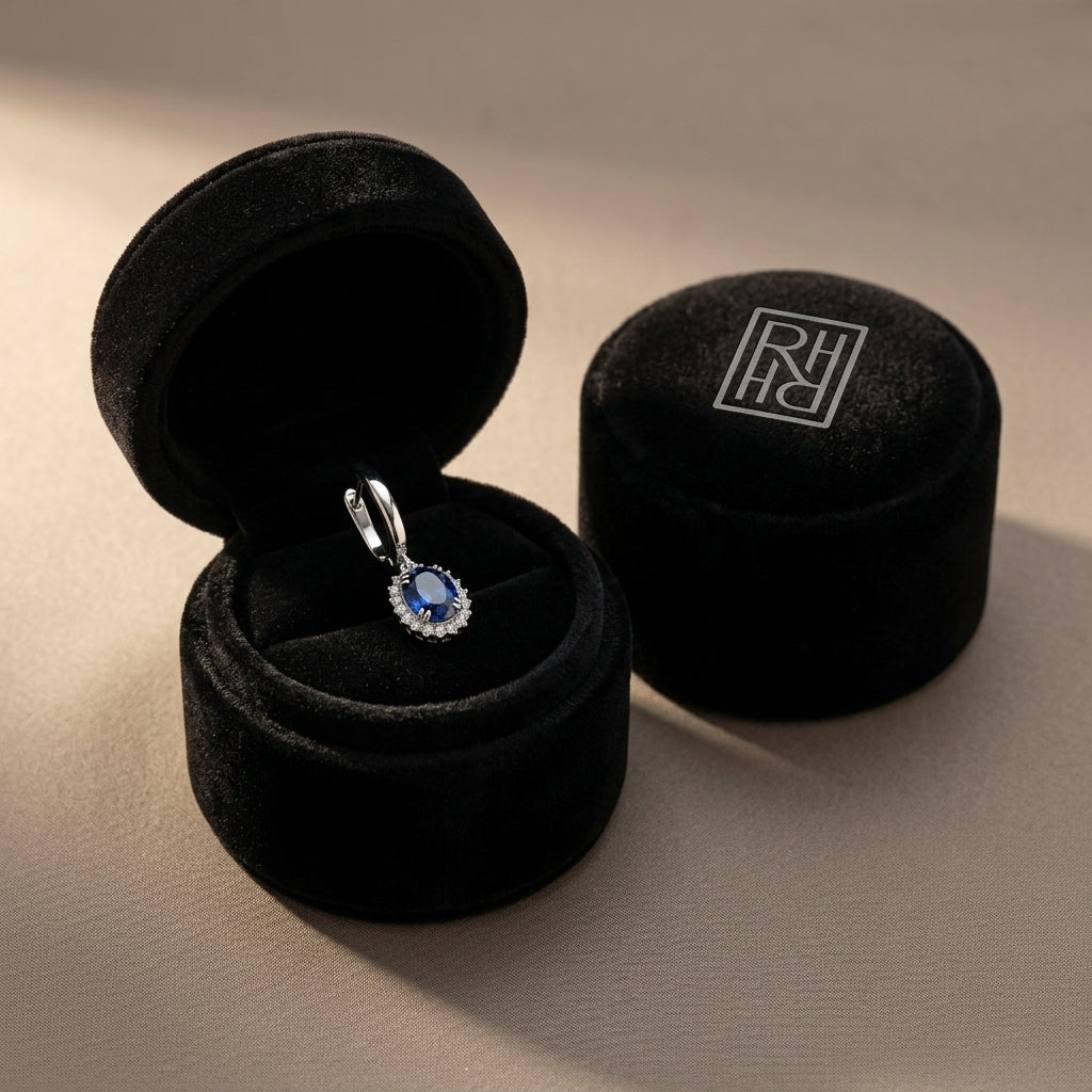Sapphire Oval & Diamond Starburst Frame Earrings in 14K White Gold - presentation