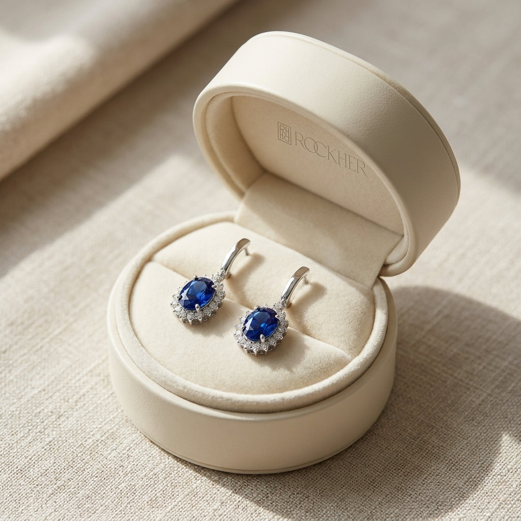 ต่างหูไพลิน ทรงรี ตัวเรือนทองคำขาว 14K จาก RockHer