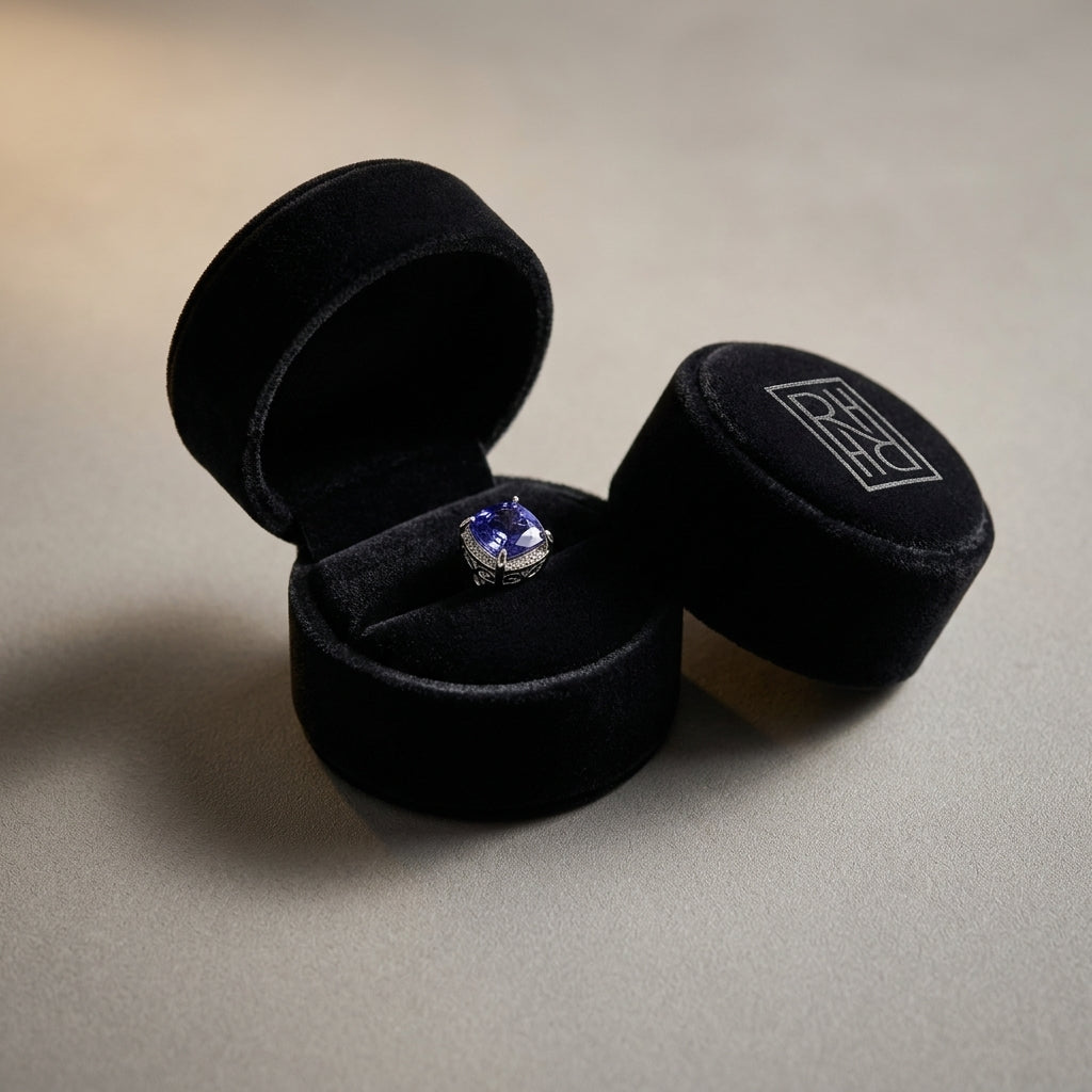 5 Millimeter Cushion Cut Tanzanite 4 Prong Studs in 14K White Gold - presentation