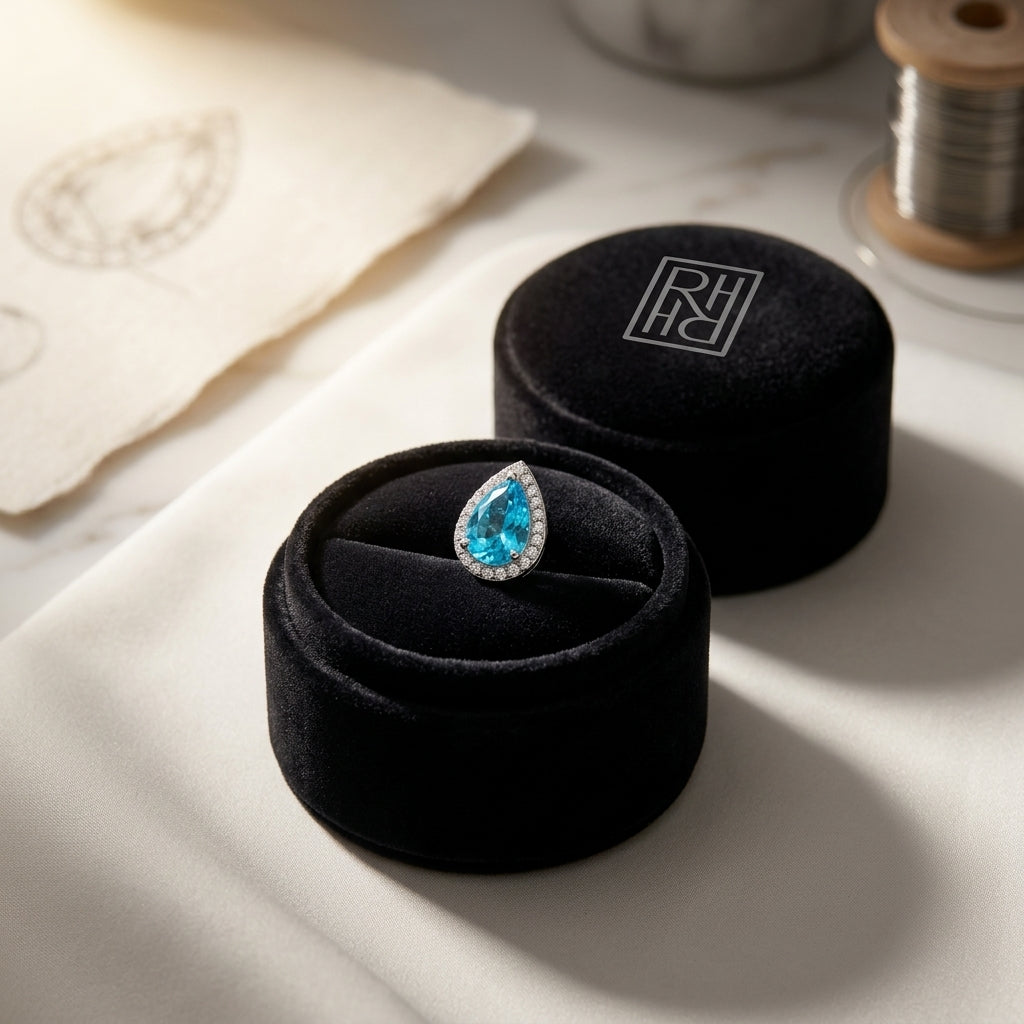 Blue Topaz & Diamond Halo Teardrop Earrings 0.18ctw in 14K White Gold - presentation
