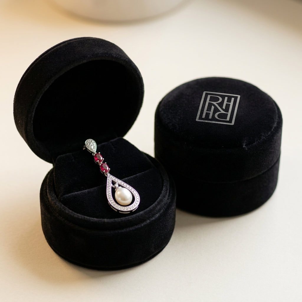 Freshwater Pearl Created Ruby & Diamond Drop Earrings 1/3ctw in 14K White Gold - presentation