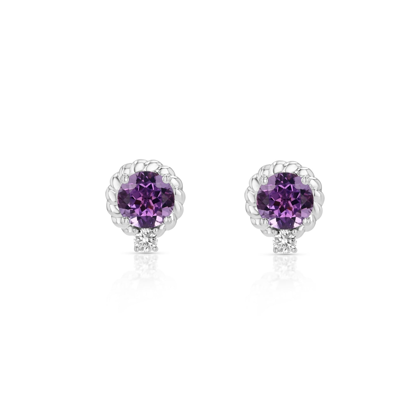 Amethyst and Diamond Ripple Edge Halo Stud Earrings in 14k White Gold 0.19ctw – detail view | RockHer