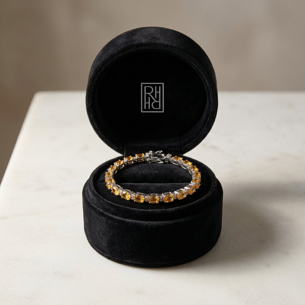 Citrine & Diamond Oval Bracelet with Round Prong Links in 14K White Gold - presentation