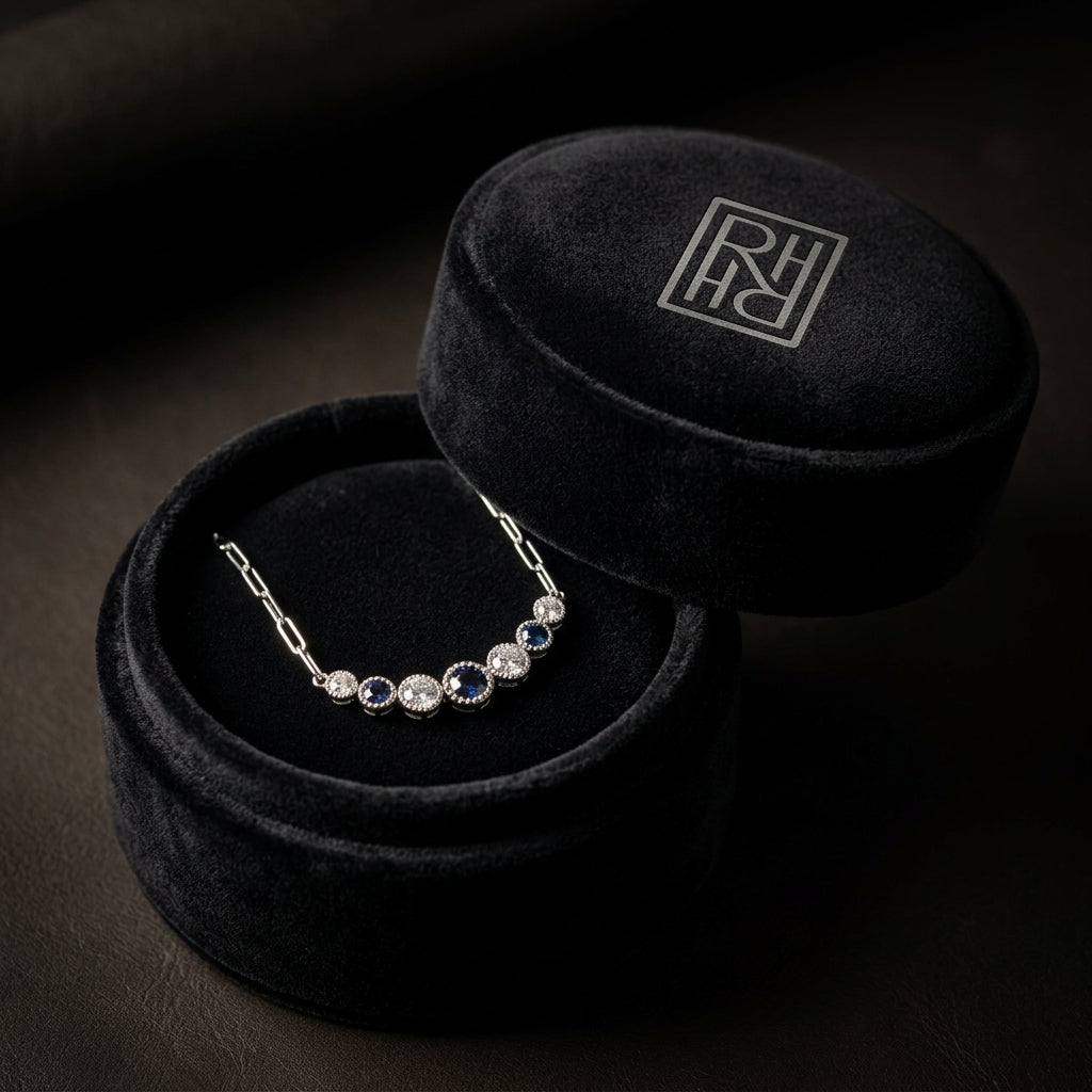 Sapphire & Diamond Graduated 7-Stone Necklace with Millgrained Edging in 14K White Gold - presentation