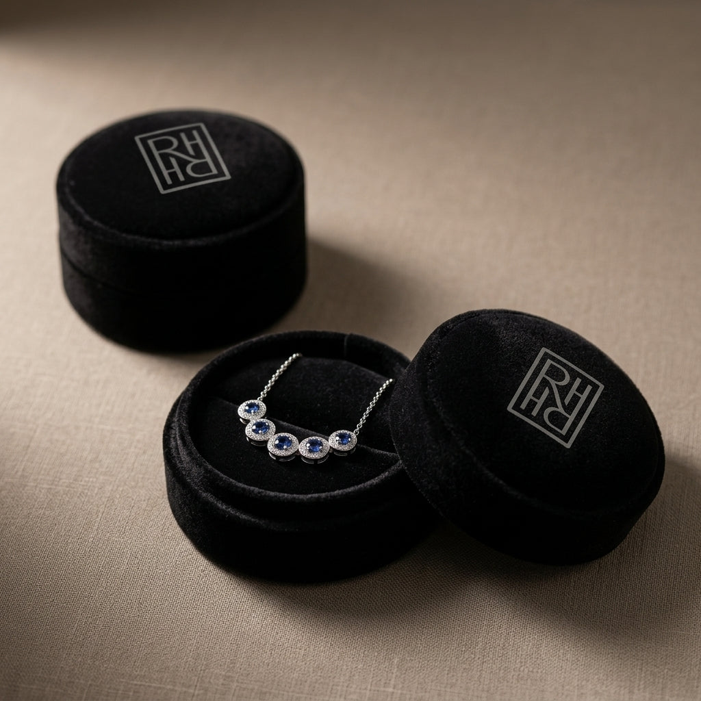 Sapphire & Diamond Five Section Graduated Halo Curved Necklace in 14K White Gold - presentation