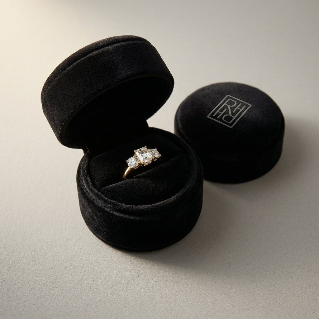 Round & Emerald Cut Diamond Ring in 14K Yellow Gold - presentation