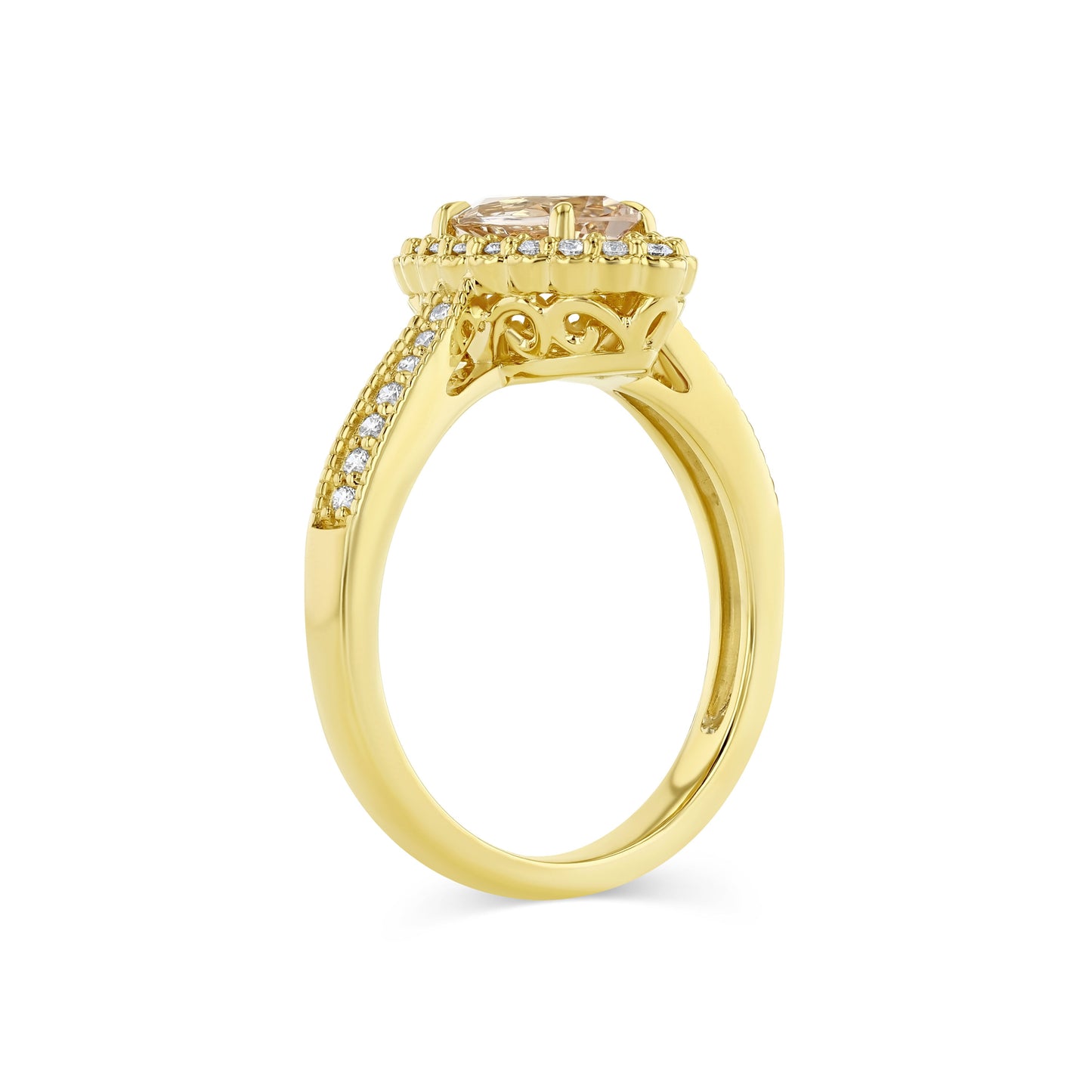 Morganite Marquise Halo Ring 14k Yellow Gold 0.24ctw – detail view | RockHer