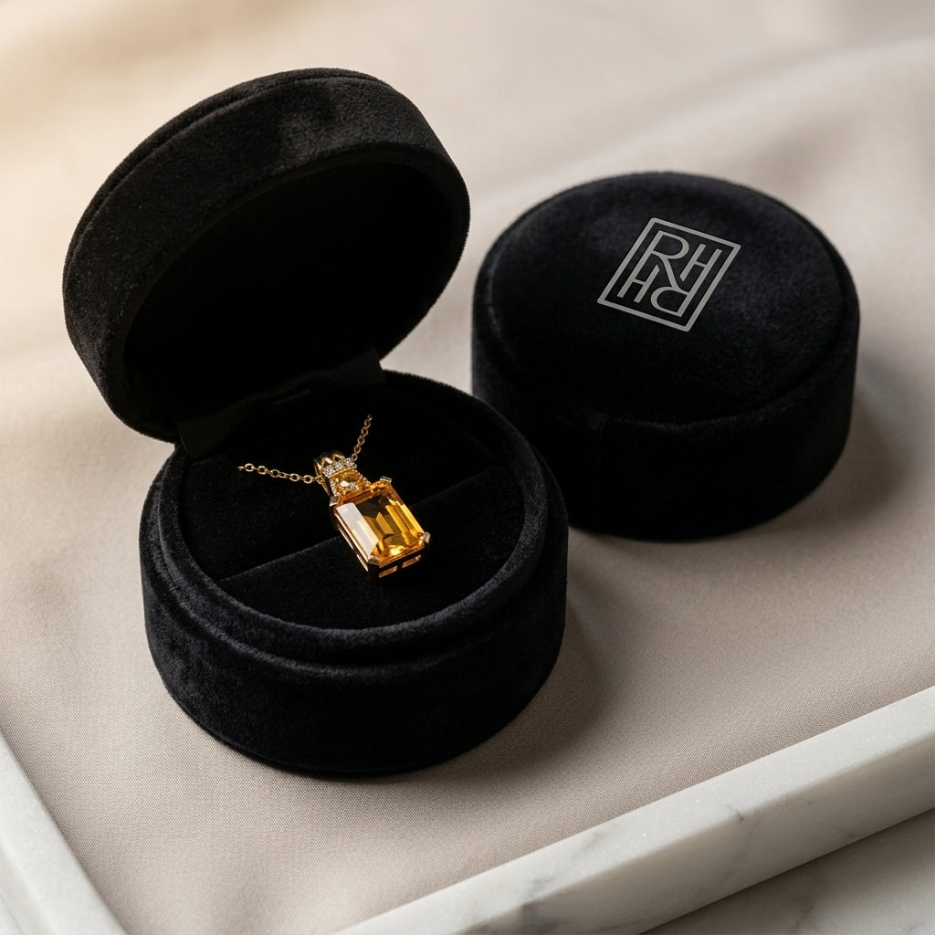 Citrine & Diamond Emerald Cut Pendant in 14K Yellow Gold - presentation