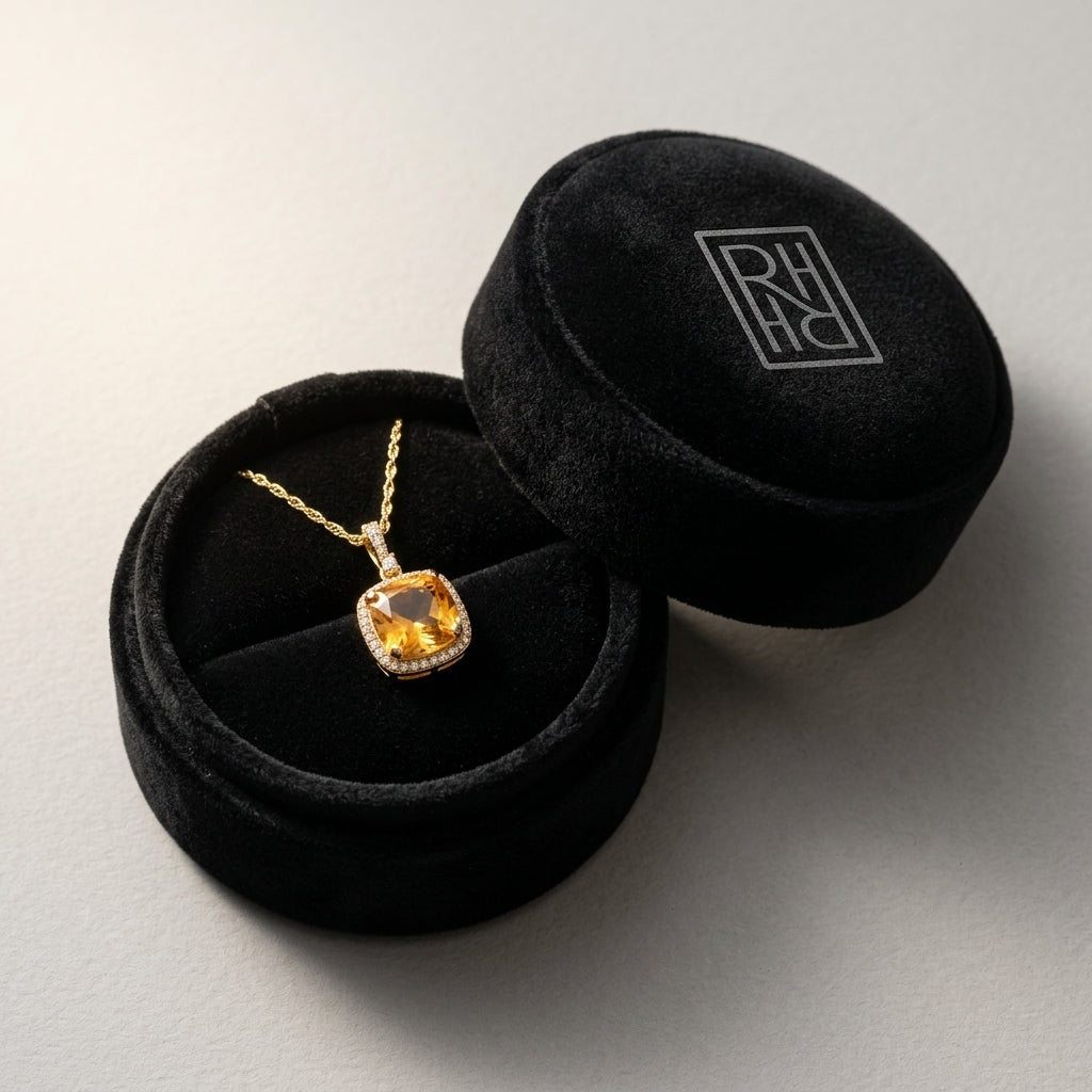 Citrine & Diamond Halo Cushion-Cut Pendant in 14K Yellow Gold - presentation