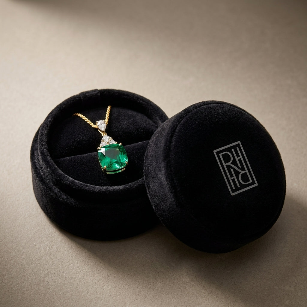 Lab Emerald 8mm Cushion, Round & Marquise Diamonds Pendant with Chain Set in 14K Yellow Gold - presentation