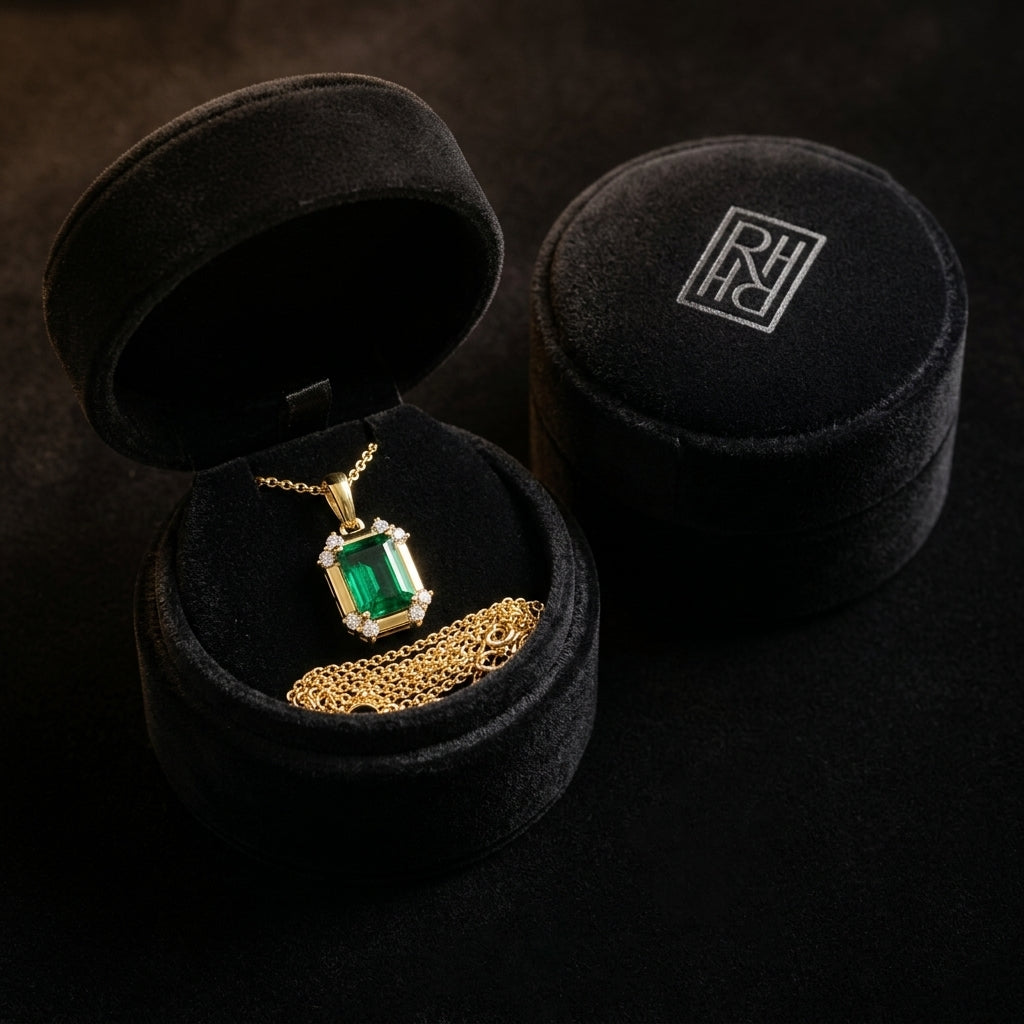Created Emerald & Diamond Pendant 1/10ctw, 16-18 Adj Chain in 14K Yellow Gold - presentation