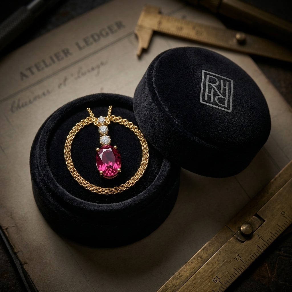 Rhodolite Garnet & Diamond Pendant 0.09ctw in 14K Yellow Gold - presentation