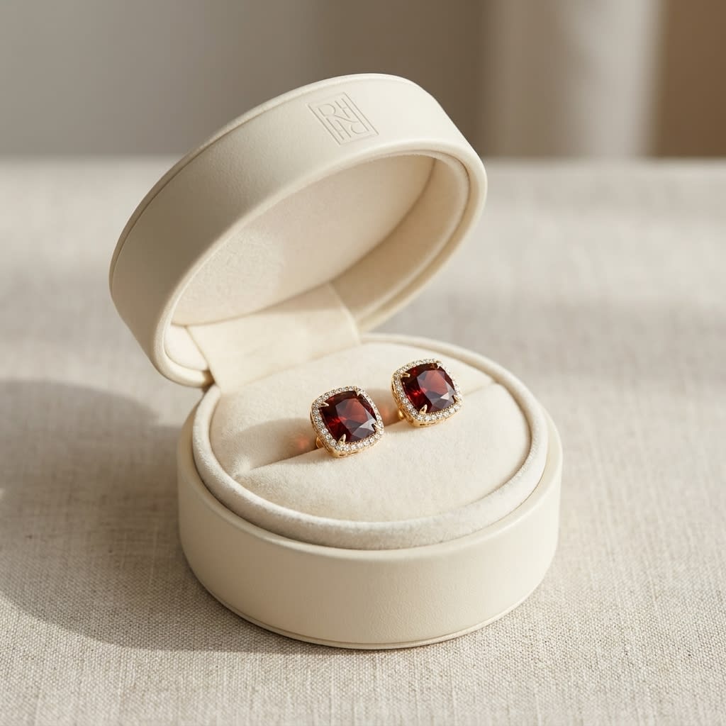 ต่างหูโกเมน ทรงคุชชั่น ตัวเรือนทองคำเหลือง 14K จาก RockHer