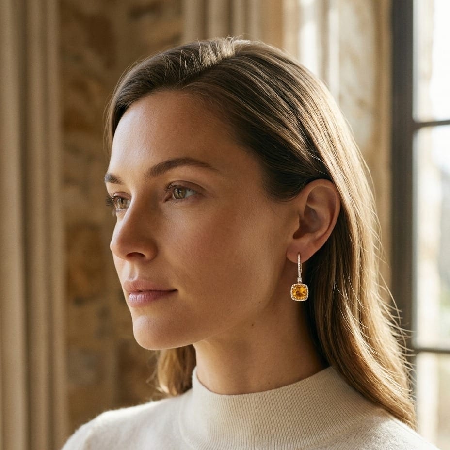 ต่างหูเพชร ทรงคุชชั่น ล้อมเพชร ตัวเรือนทองคำเหลือง 14K จาก RockHer