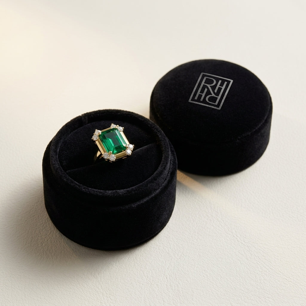 Created Emerald & Diamond Corner Earrings 1/4ctw in 14K Yellow Gold - presentation