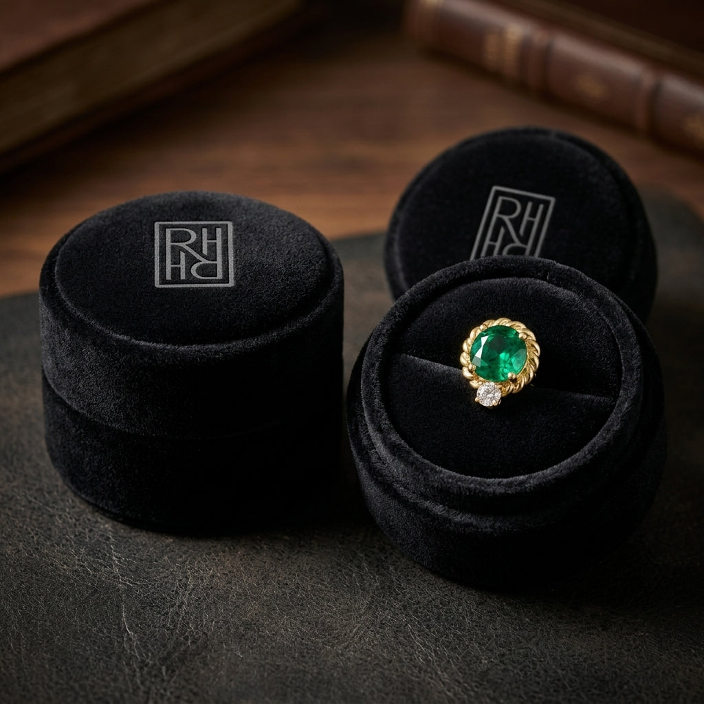 Lab Created Emerald & Diamond Ripple Edge Halo Stud Earrings 1/5ctw in 14K Yellow Gold - presentation
