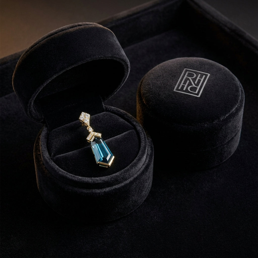 London Blue Topaz & Diamond Shield Drop Earrings 1/4ctw in 14K Yellow Gold - presentation