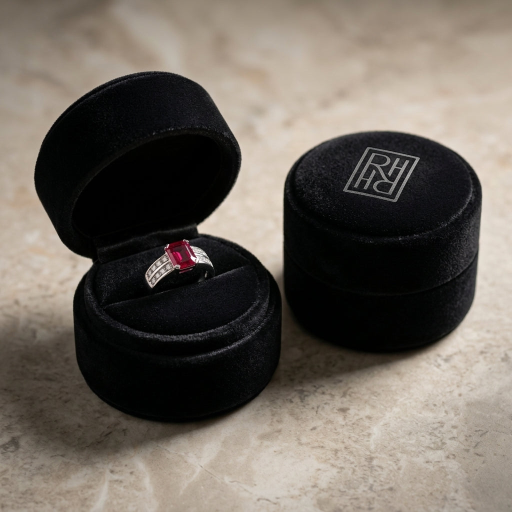 Emerald-Cut Ruby Center & Princess Cut Channel Set Diamond Shank in Platinum - presentation