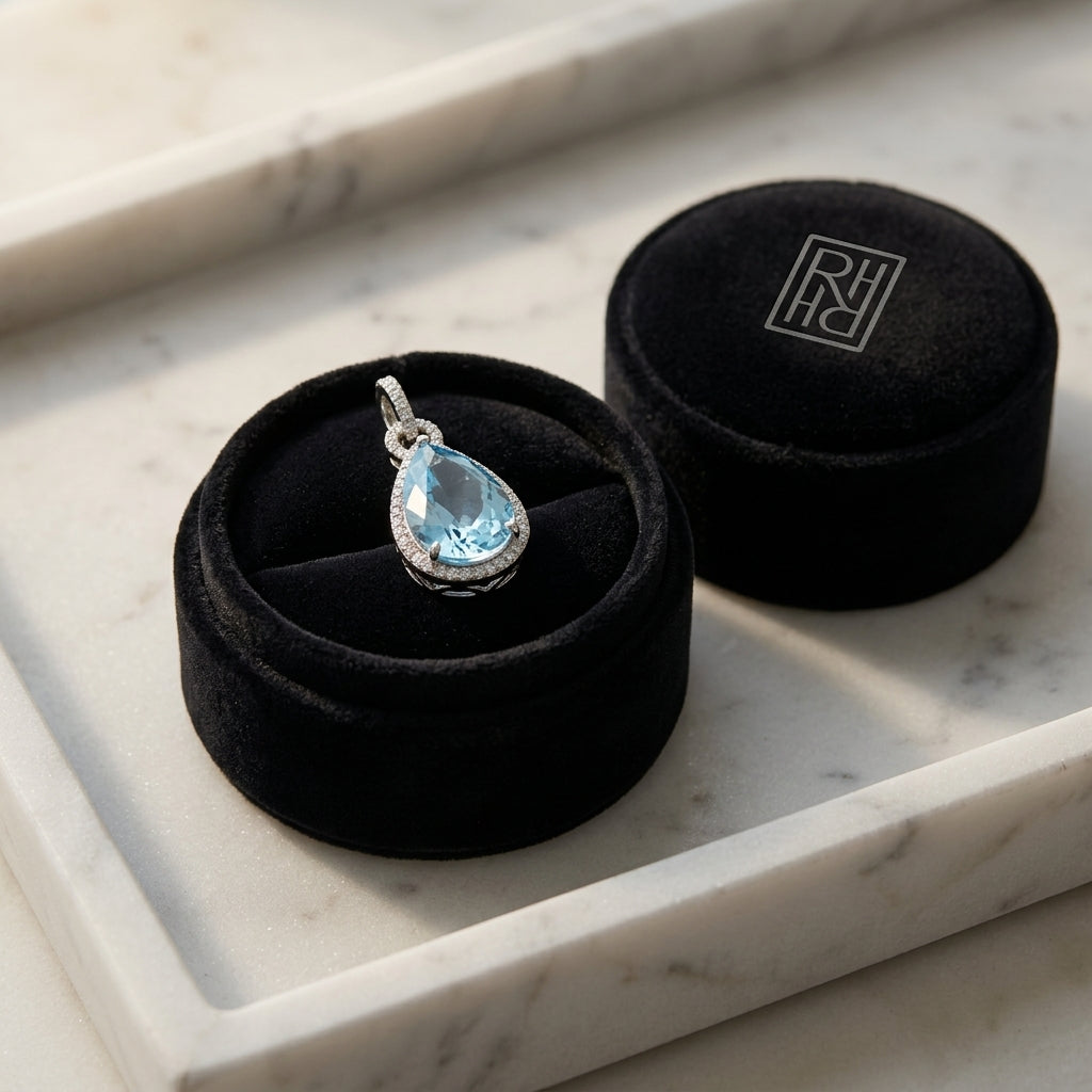 Aqua & Diamond Handmade Teardrop Pendant in Platinum - presentation