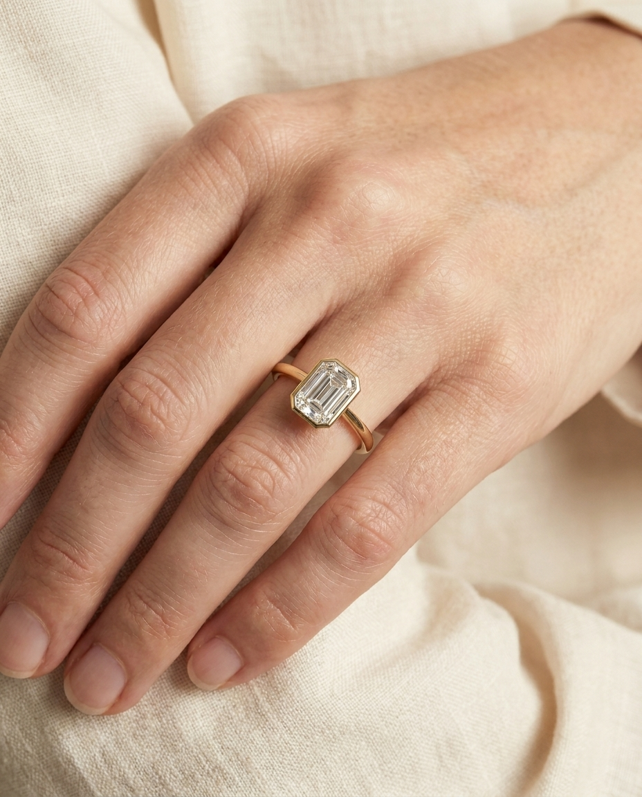 The Agnes Select bezel solitaire cushion engagement ring in 18k white gold — on hand — RockHer