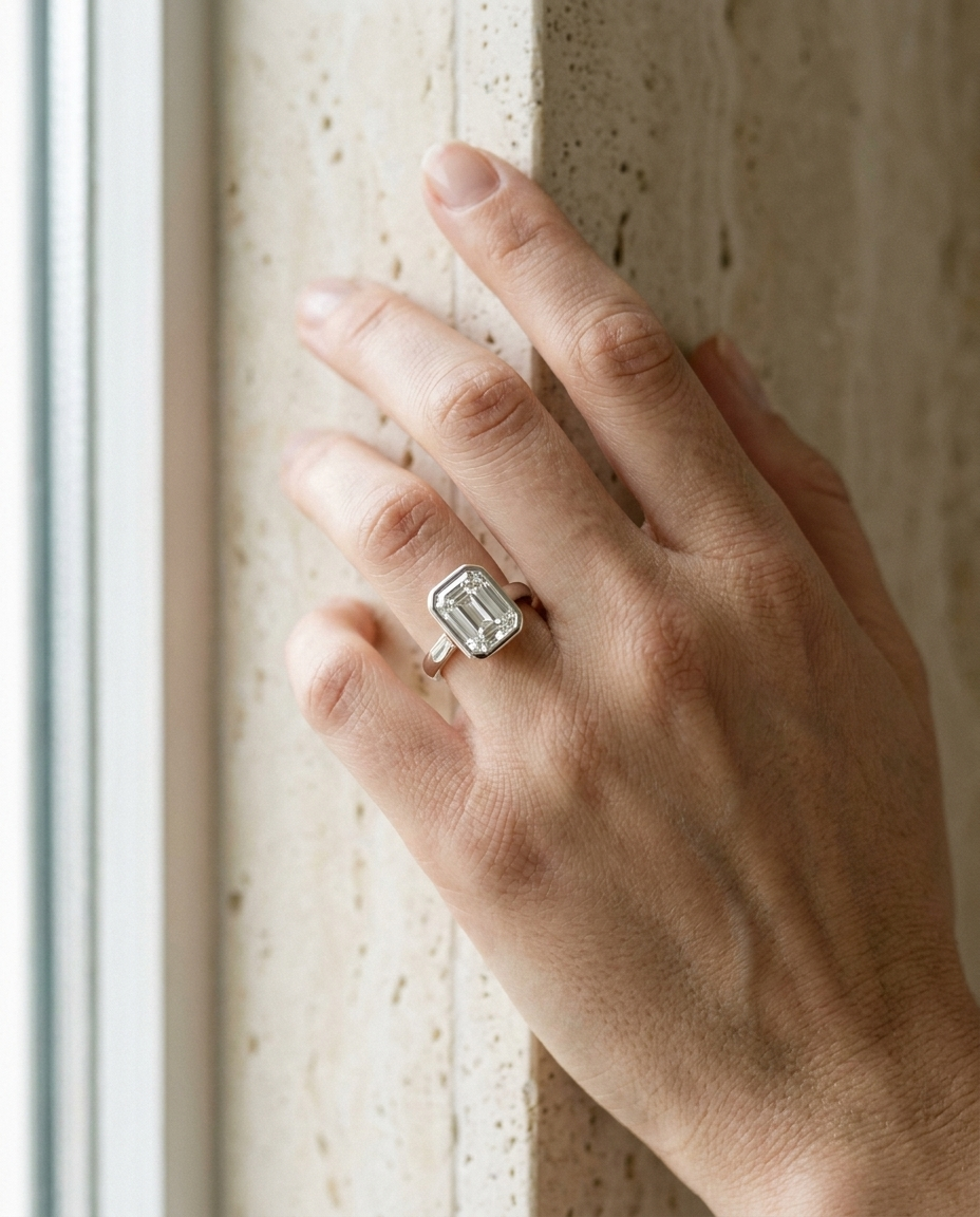 The Agnes Select bezel solitaire emerald cut engagement ring in 18k white gold — on hand — RockHer
