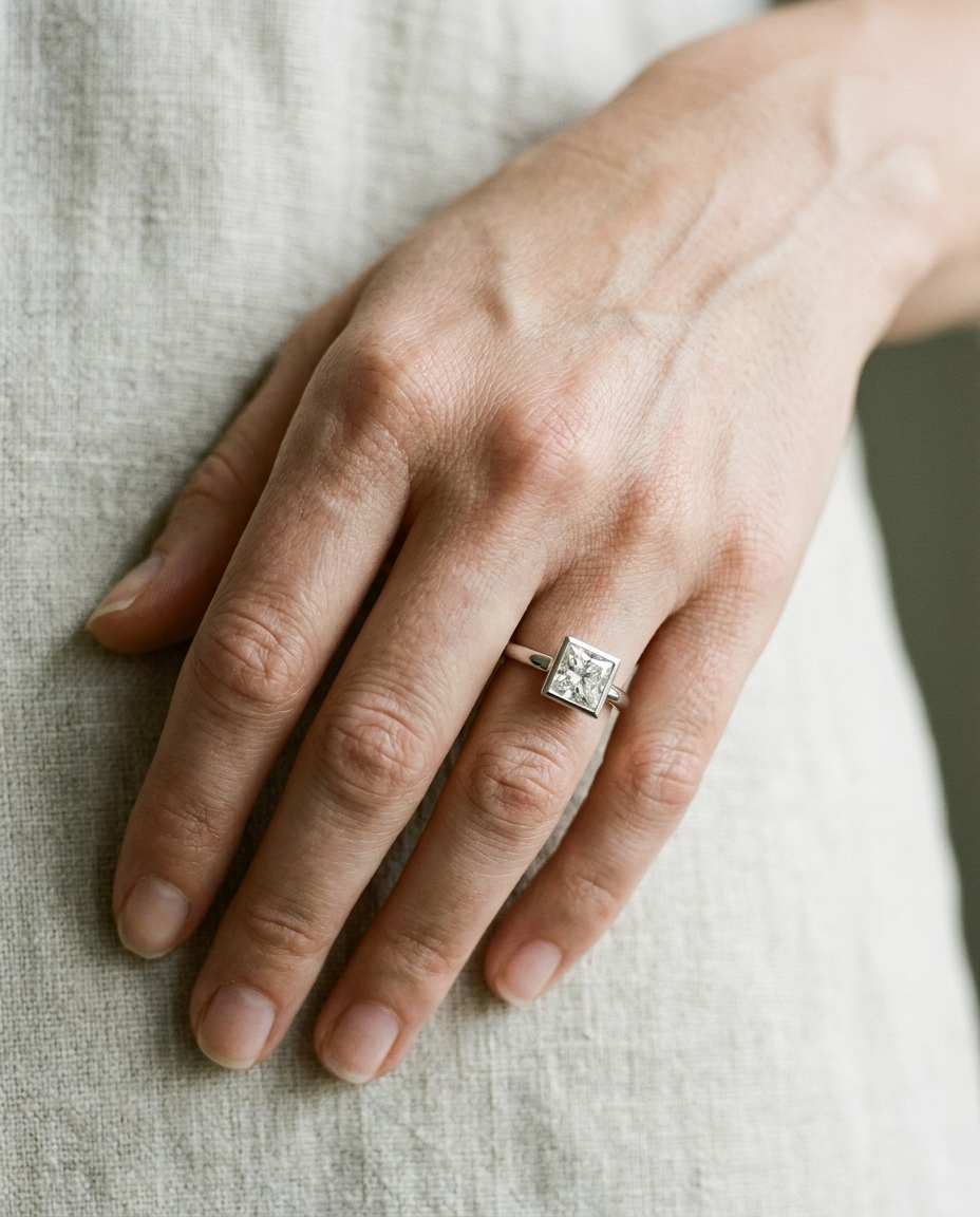 The Agnes bezel solitaire princess engagement ring setting in platinum — on hand — RockHer