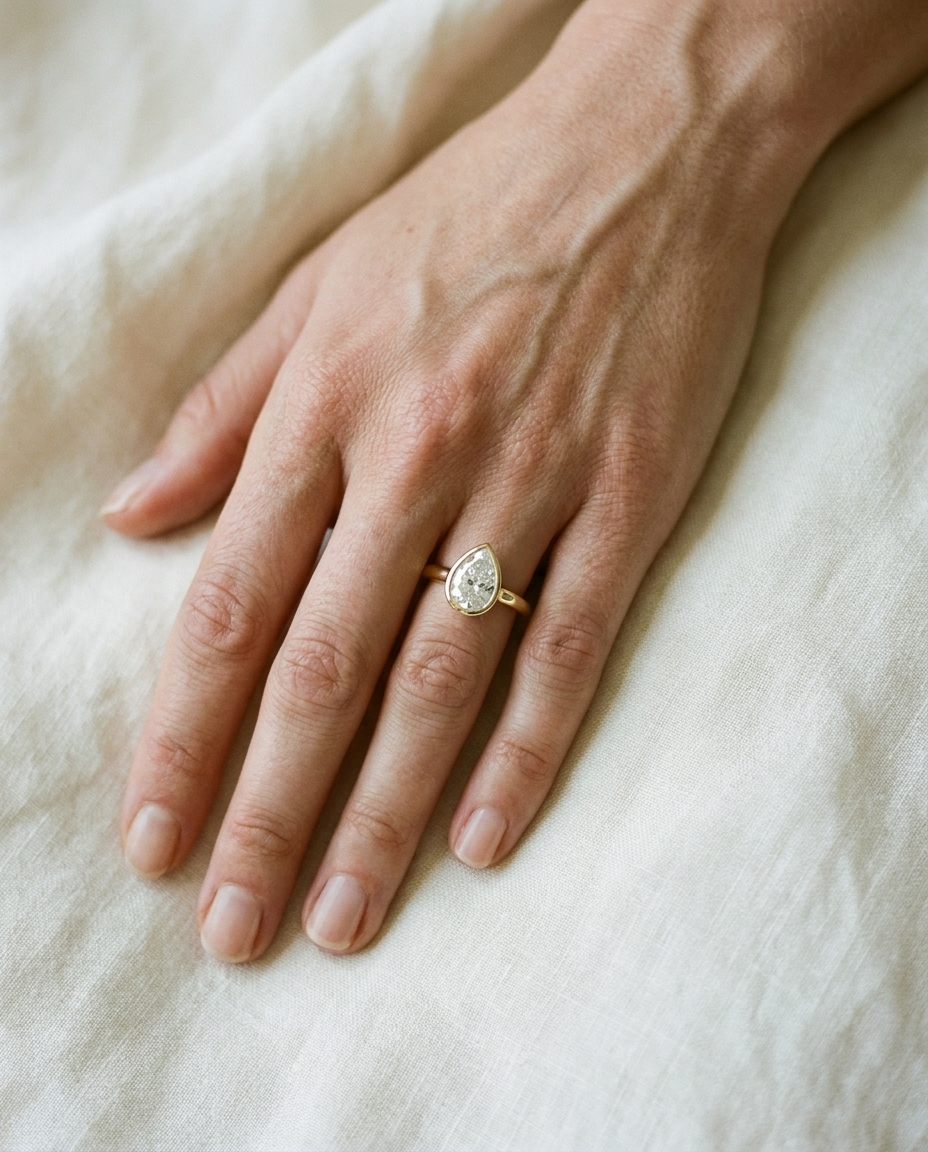 The Agnes Select bezel solitaire pear engagement ring in 18k yellow gold — top down hand — RockHer