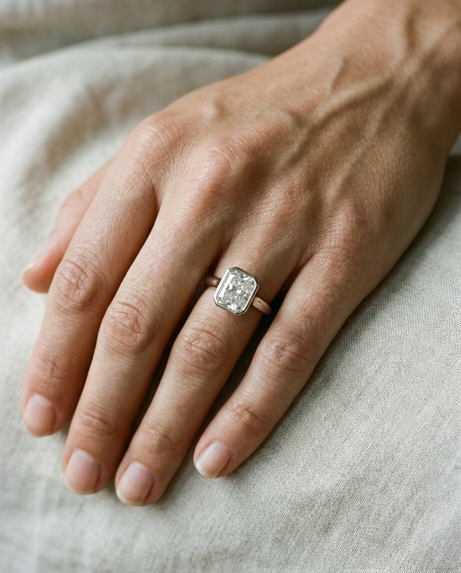 The Agnes Select bezel solitaire radiant engagement ring in 18k white gold — on hand — RockHer