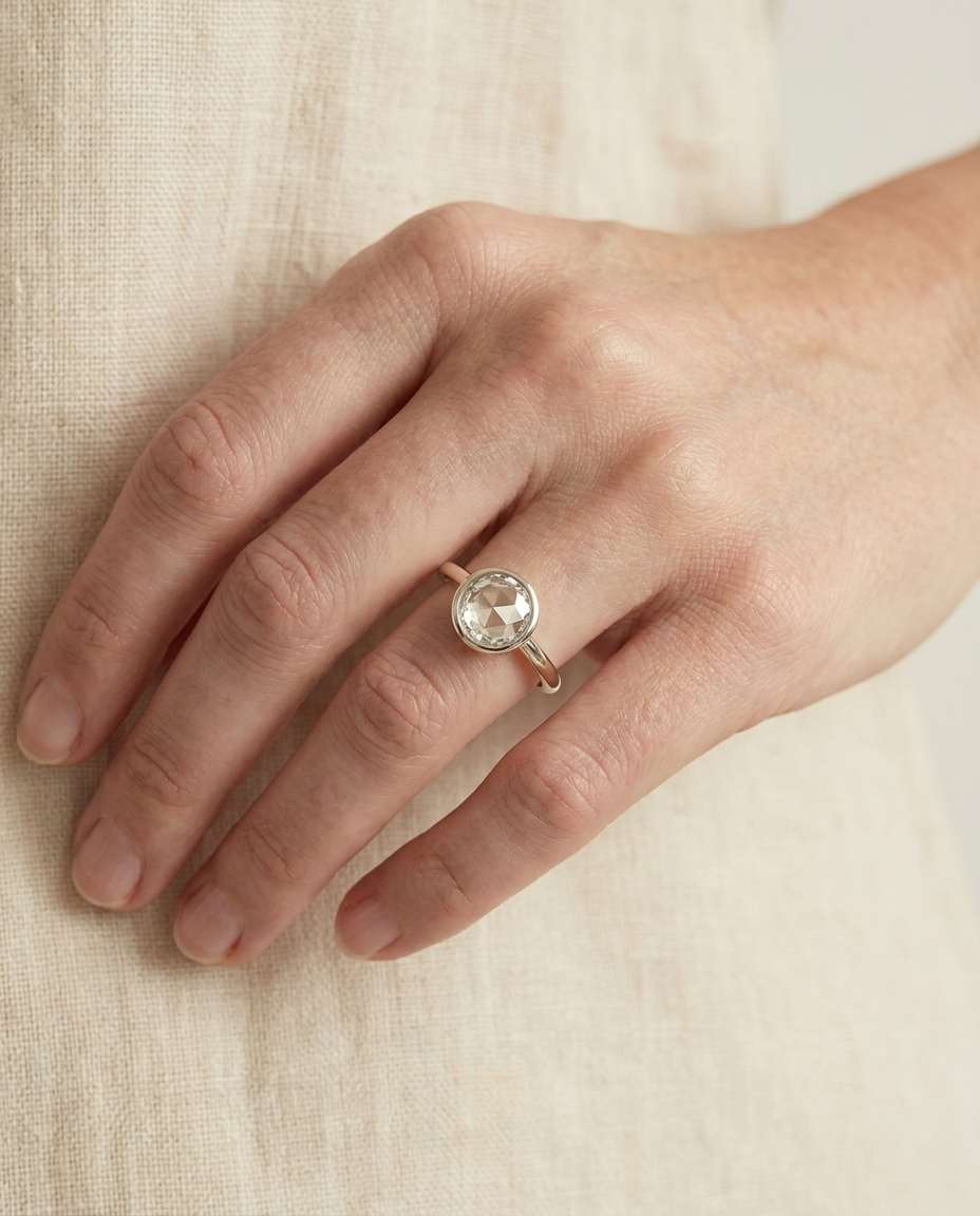 The Agnes Select bezel solitaire rose cut engagement ring in 18k white gold — on hand — RockHer