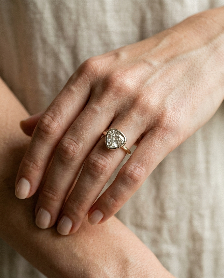 The Agnes Select bezel solitaire shield engagement ring in 18k white gold — on hand — RockHer