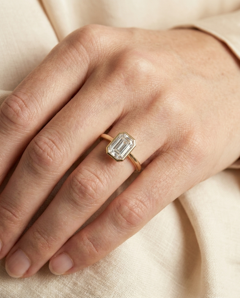 The Agnes Select bezel solitaire tapered baguette engagement ring in 18k white gold — on hand — RockHer