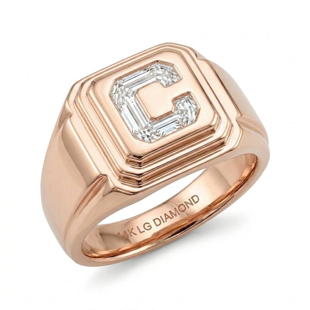 Women's Art Deco lab-grown diamond letter signet ring in 14K Rose Gold, letter C, product photography