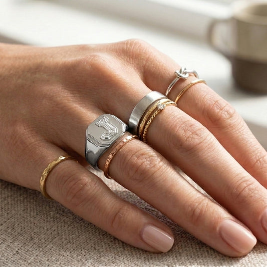 Women's Art Deco lab-grown diamond letter signet ring in 14K White Gold, letter J, worn on hand