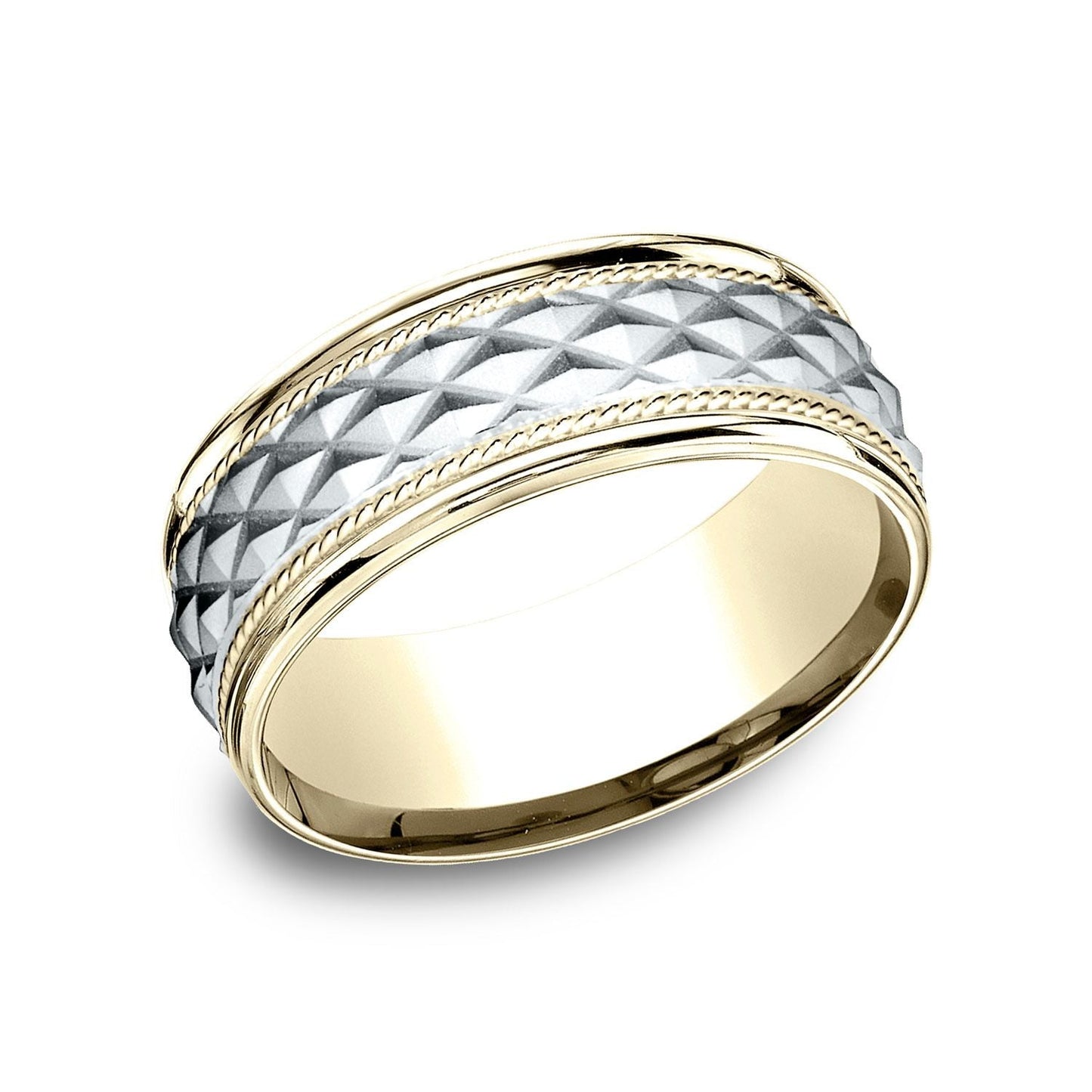 แหวนลายตัดขวางขอบกลมสวมใส่สบาย 8 มม. สองโทนสี 14k