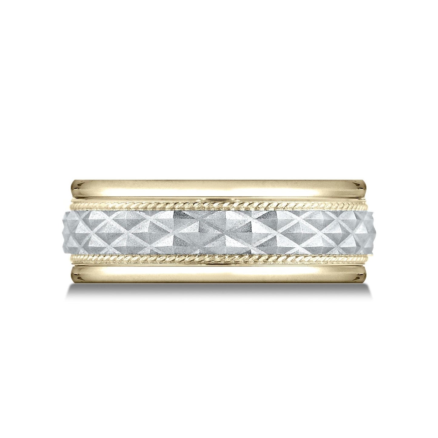 8mm High Polish Cross Hatch Center Carved Wedding Band, in 14K White Gold | RockHer
