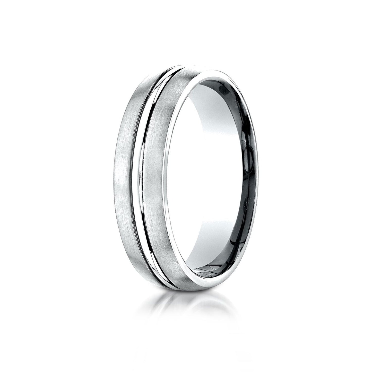 6mm Satin Finish High Polished Center Cut Carved Wedding Band, in 14K White Gold | RockHer