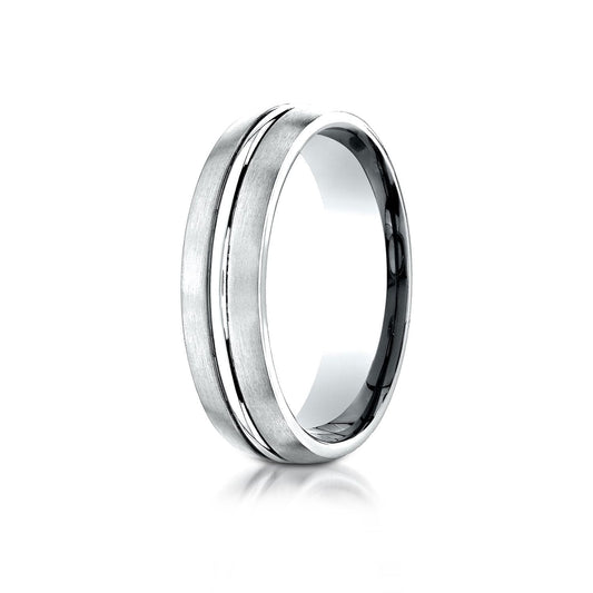 18k White Gold 6mm Comfort-fit Satin-finished With High Polished Center Cut Carved Design Band