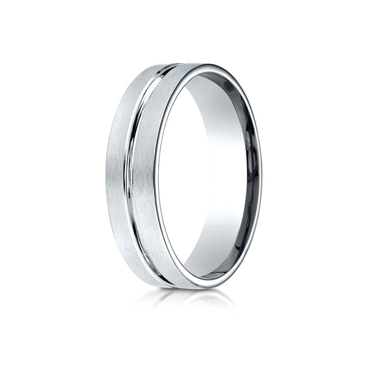 14k White Gold 6mm Comfort-fit Satin-finished With High Polished Center Cut Carved Design Band