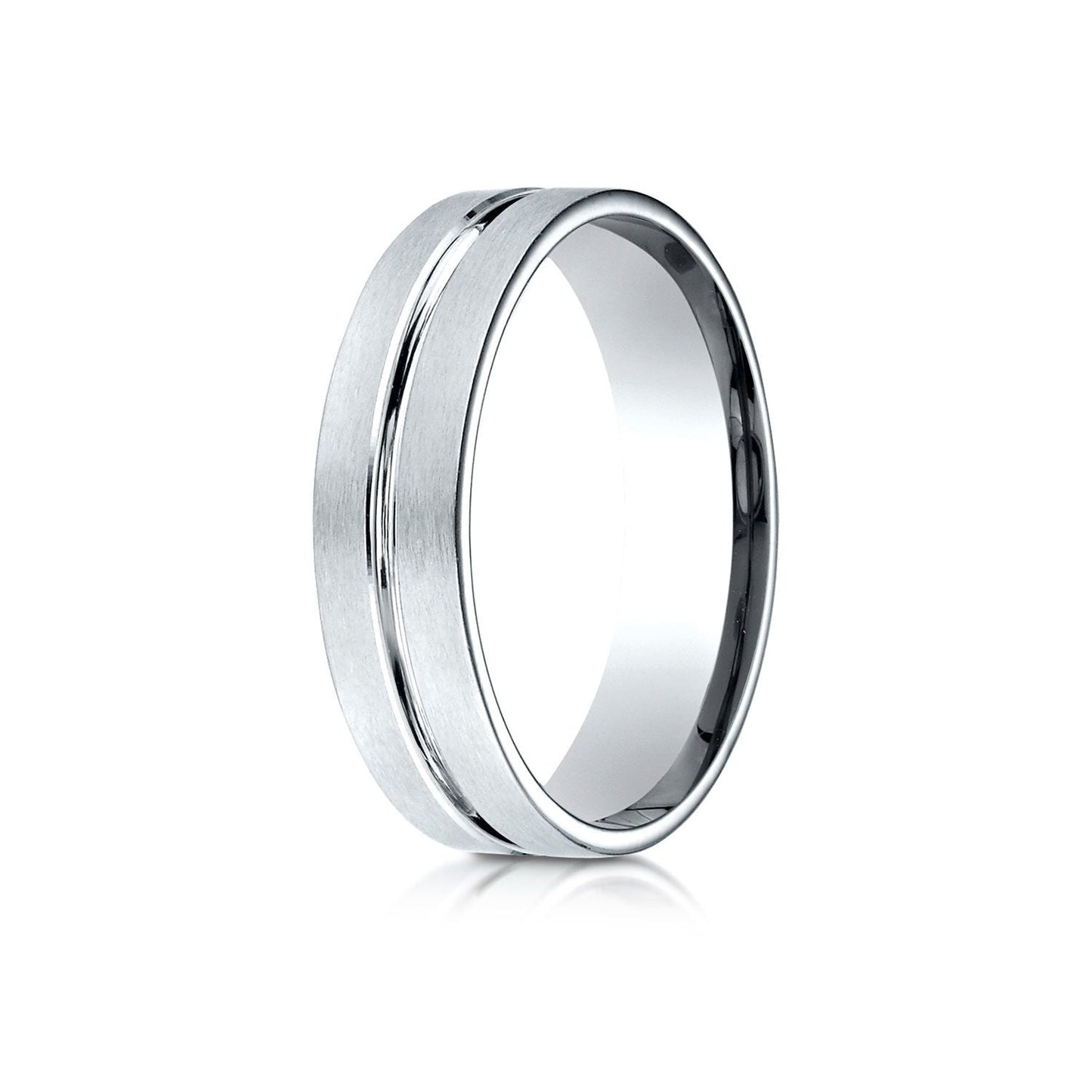 6mm Satin Finish High Polished Center Cut Carved Wedding Band, in 18K White Gold | RockHer