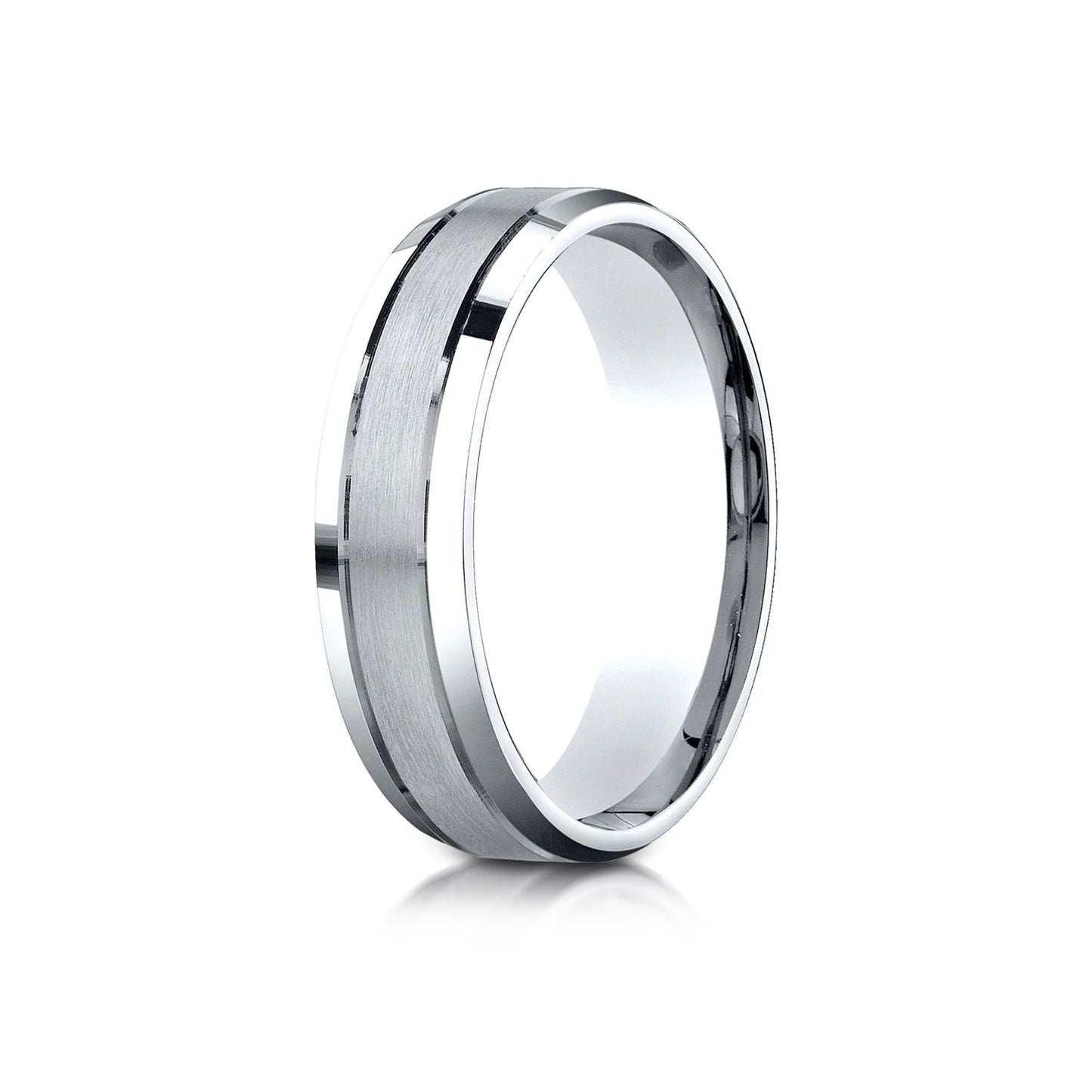 6mm Satin Finish High Polished Beveled Edge Carved Wedding Band, in 18K White Gold | RockHer