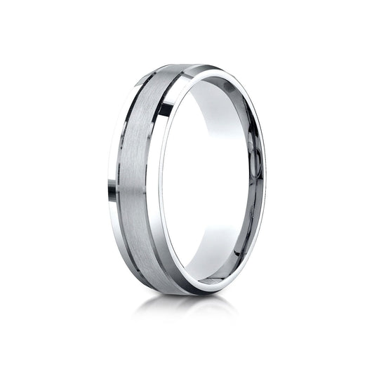 14k White Gold 6mm Comfort-fit Satin-finished High Polished Beveled Edge Carved Design Band
