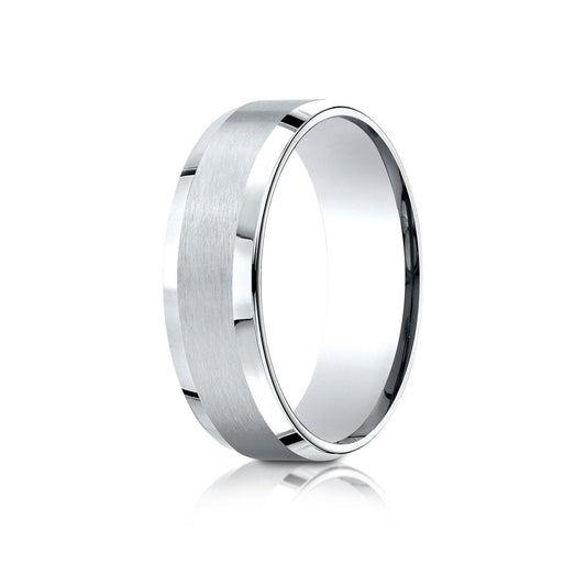 14k White Gold 7mm Comfort-fit Satin-finished With High Polished Beveled Edge Carved Design Band