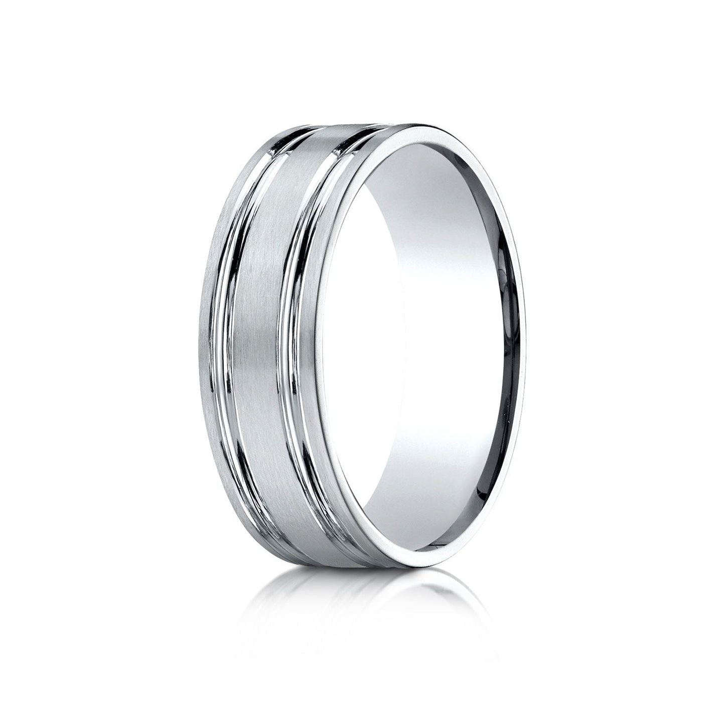 7mm Satin Finish Parallel Groove Carved Wedding Band, in 14K White Gold | RockHer