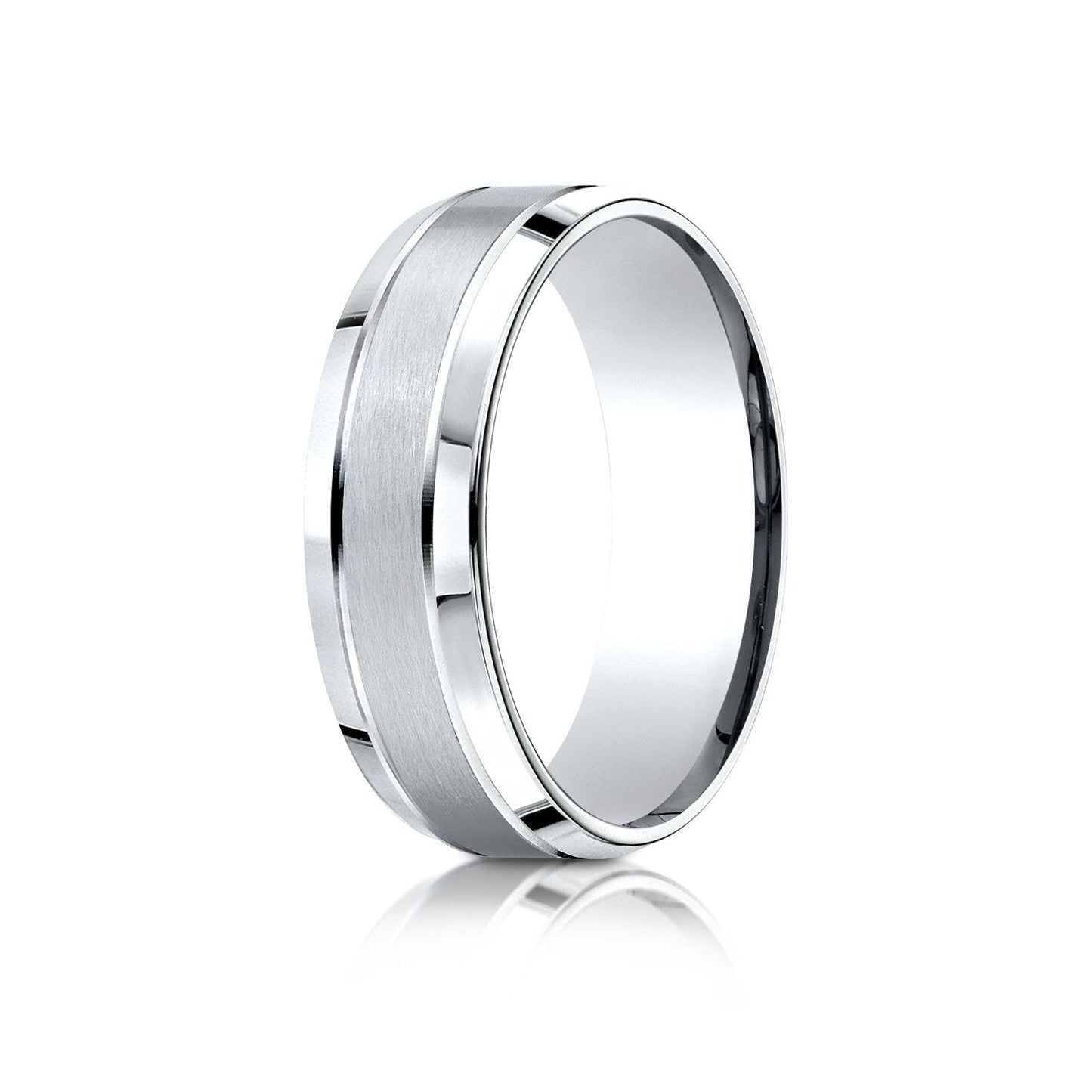 7mm Satin Finish High Polished Beveled Edge Carved Wedding Band, in 18K White Gold | RockHer