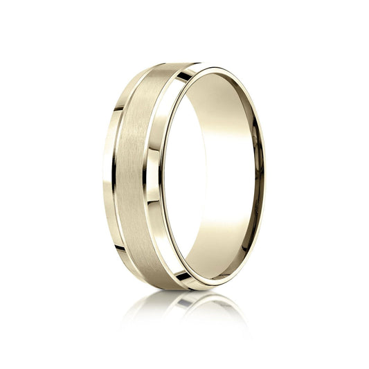 14k Yellow Gold 7mm Comfort-fit Satin-finished High Polished Beveled Edge Carved Design Band