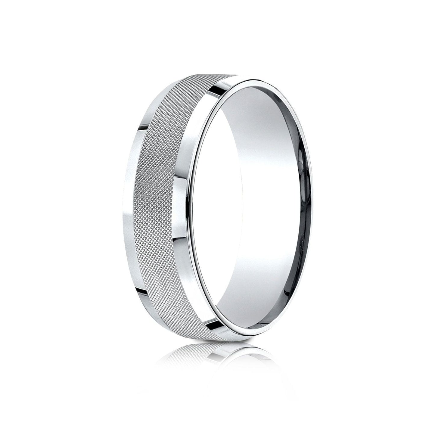 7mm High Polish Cross Hatch Center Carved Wedding Band, in 14K White Gold | RockHer